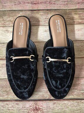 Portland Boot Co. Black Velvet Loafers Mules Slip On Flats Gold Buckle Size 8.5
